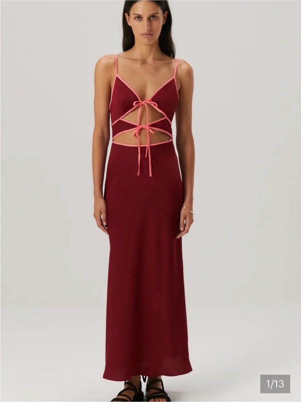 NWT Misha Spaghetti-Strap Burgundy Cutout Maxi Dress with Pink Trim
